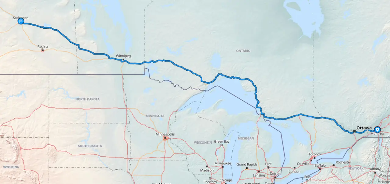Map showing route from Montreal to Saskatoon
