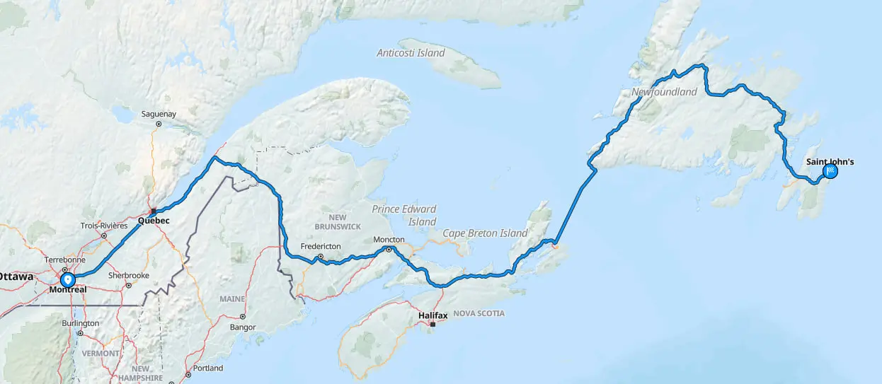 Route from Montreal to St. John’s on map