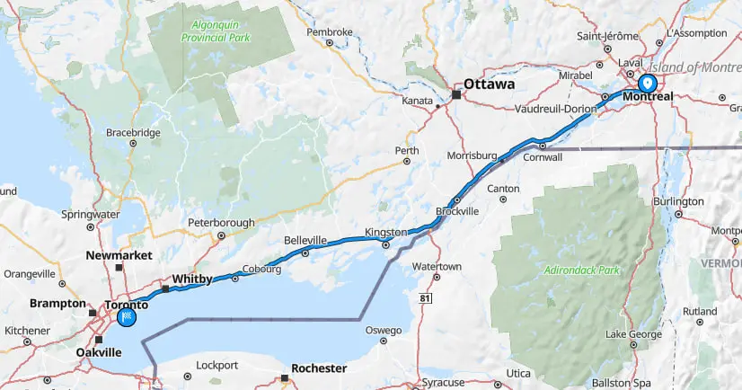 Montreal to Toronto car shipping route map