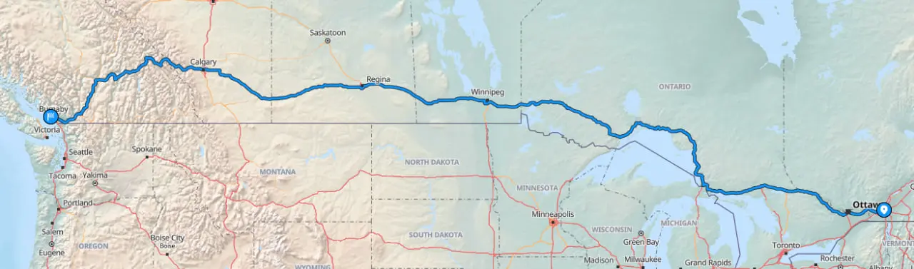 Map of Montreal to Vancouver car shipping route