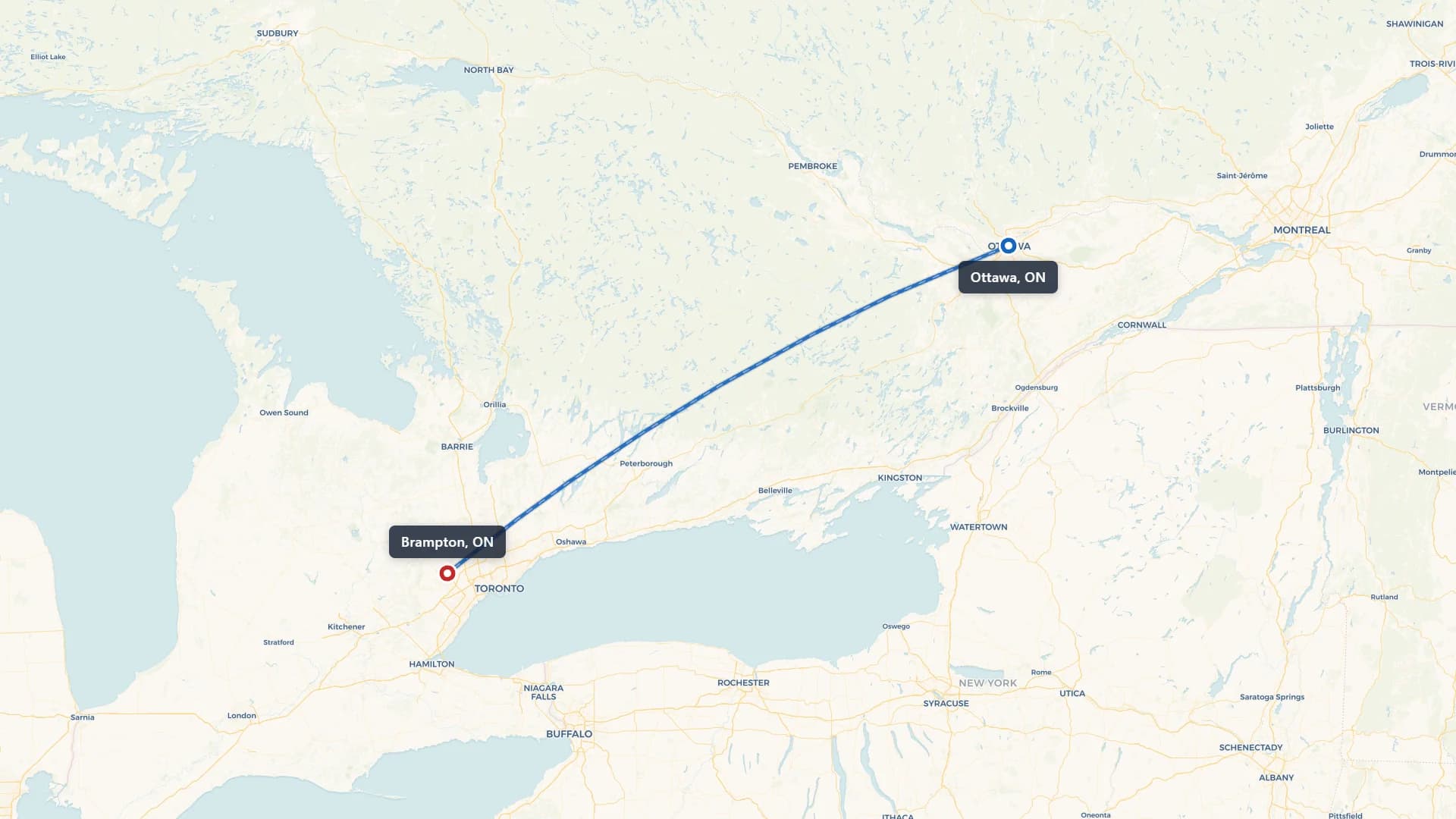 Route map showing car shipping from Ottawa to Brampton