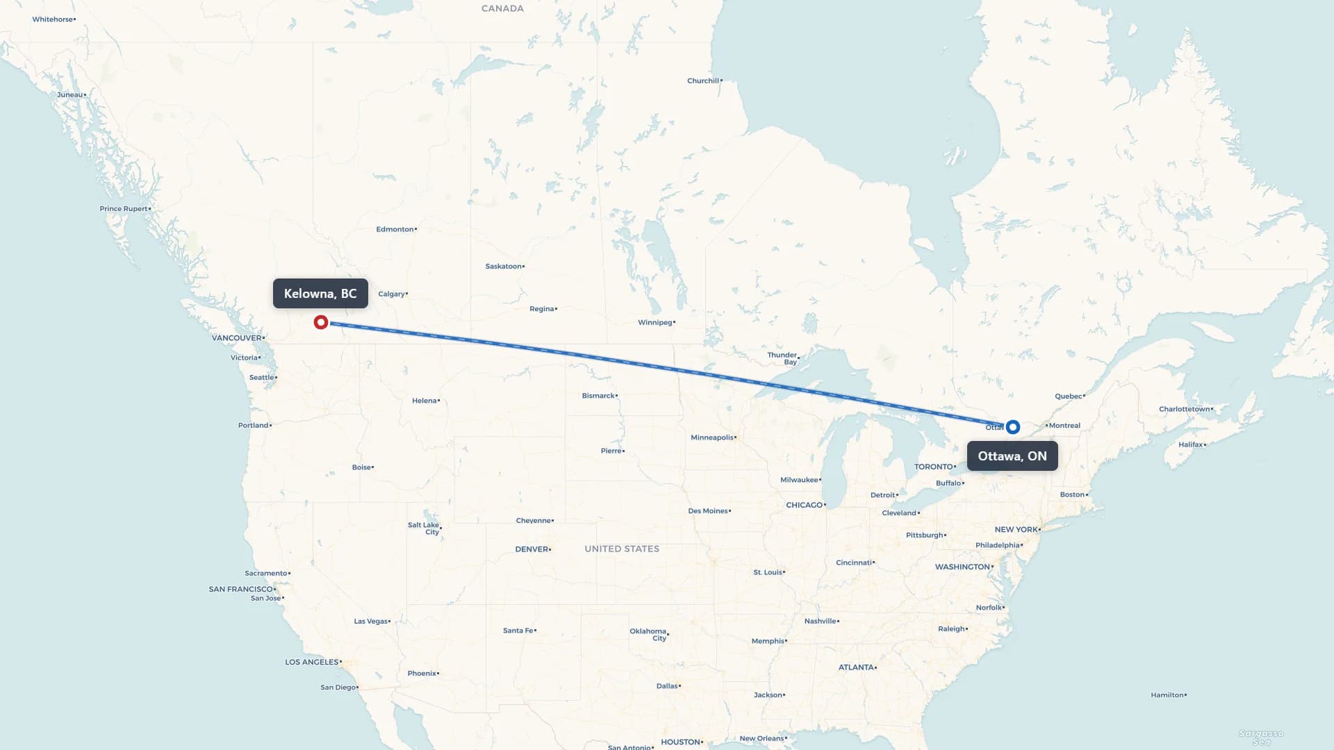Route map showing car shipping from Ottawa to Kelowna
