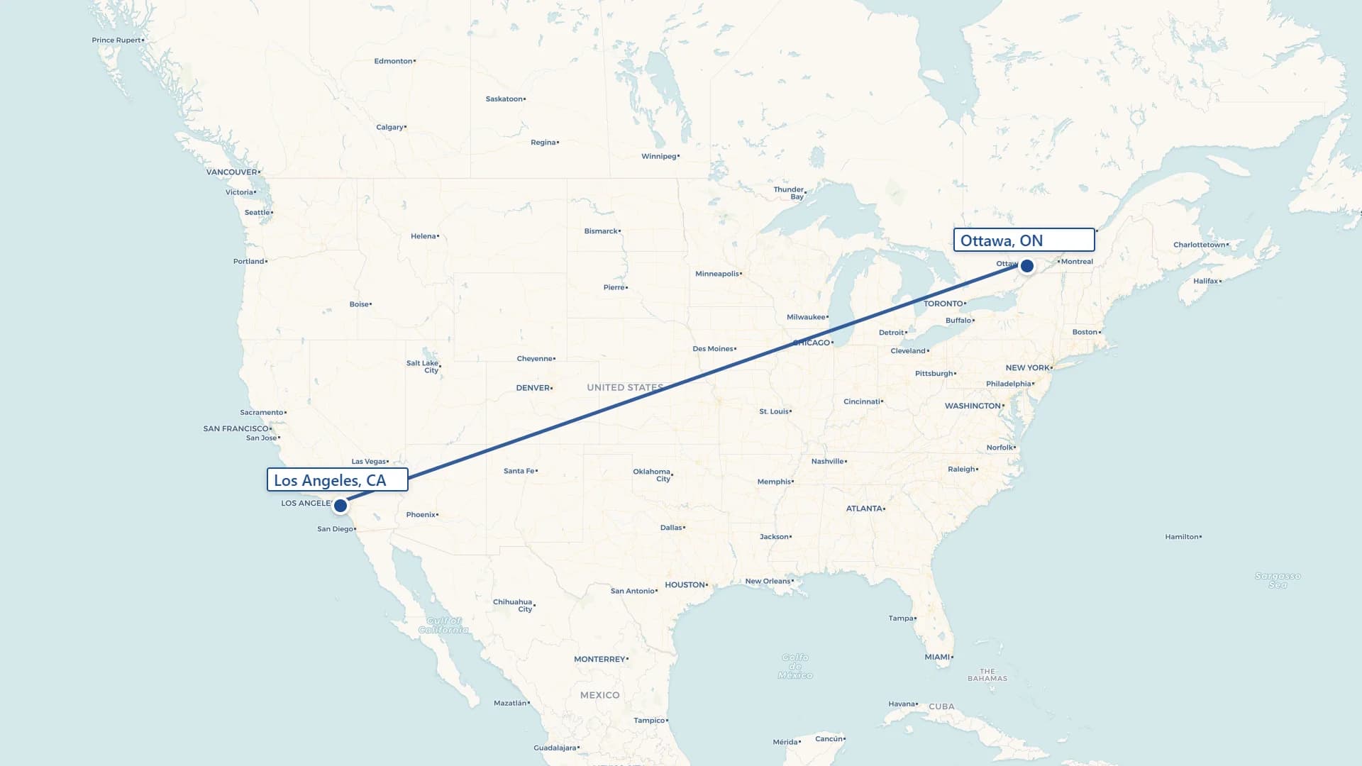 Map showing Ottawa to Los Angeles cross-border shipping route