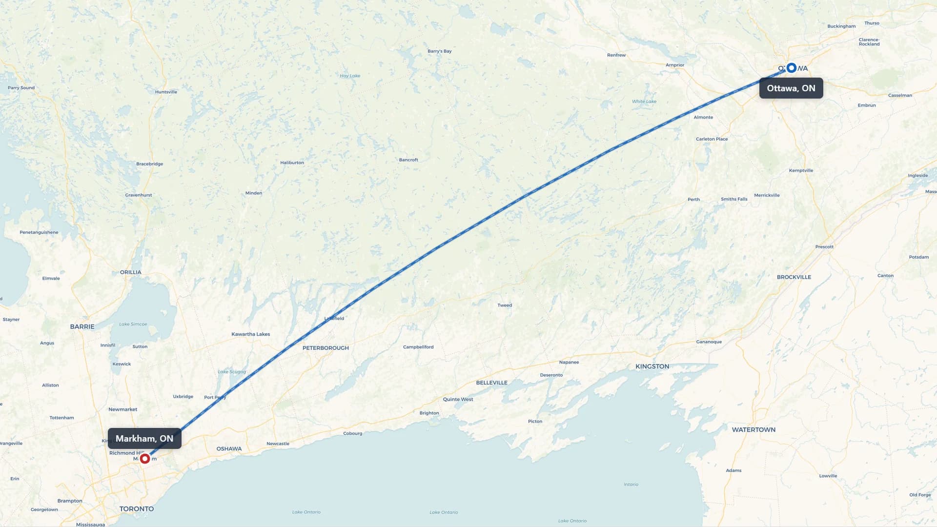 Route map showing car shipping from Ottawa to Markham