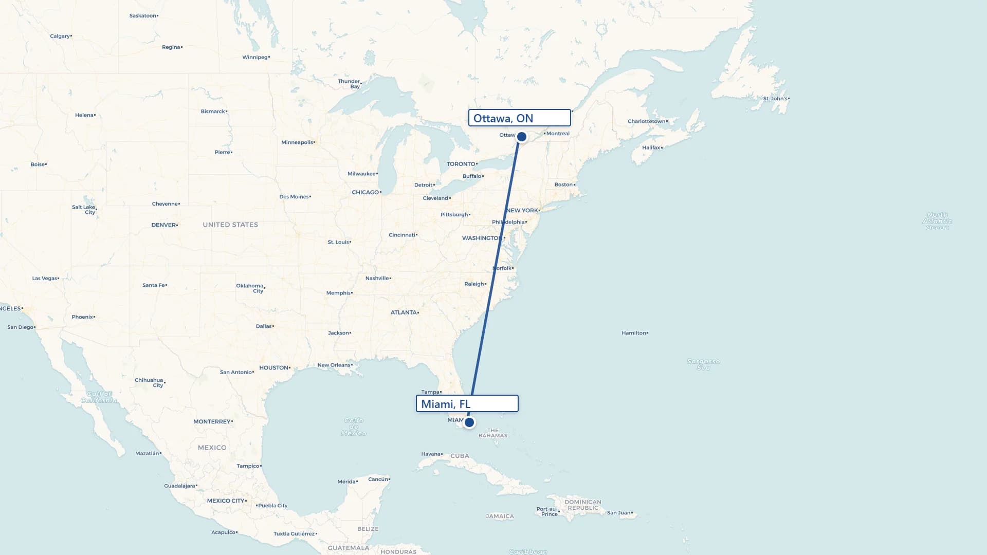 Map showing Ottawa to Miami cross-border shipping route
