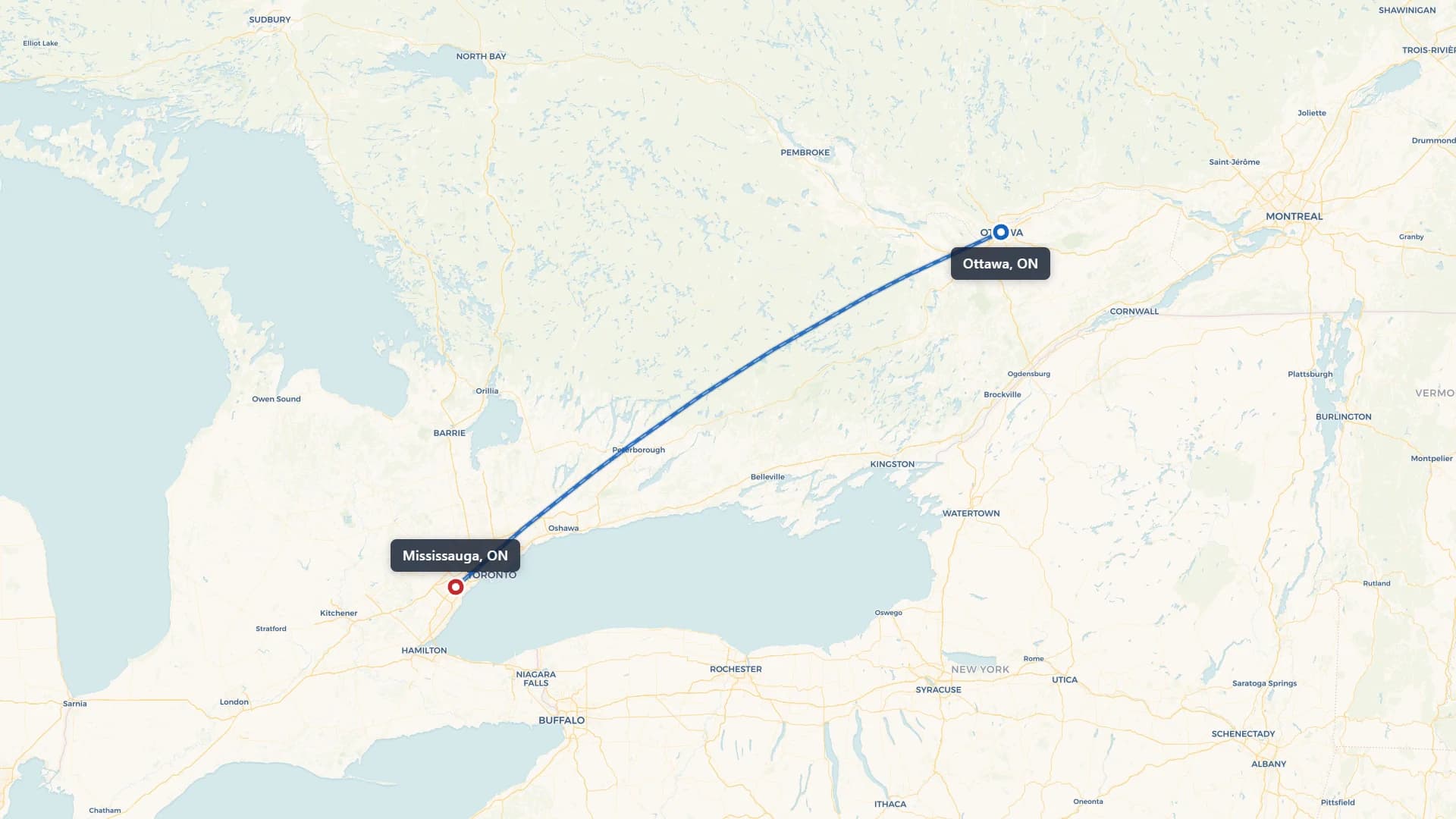 Route map showing car shipping from Ottawa to Mississauga