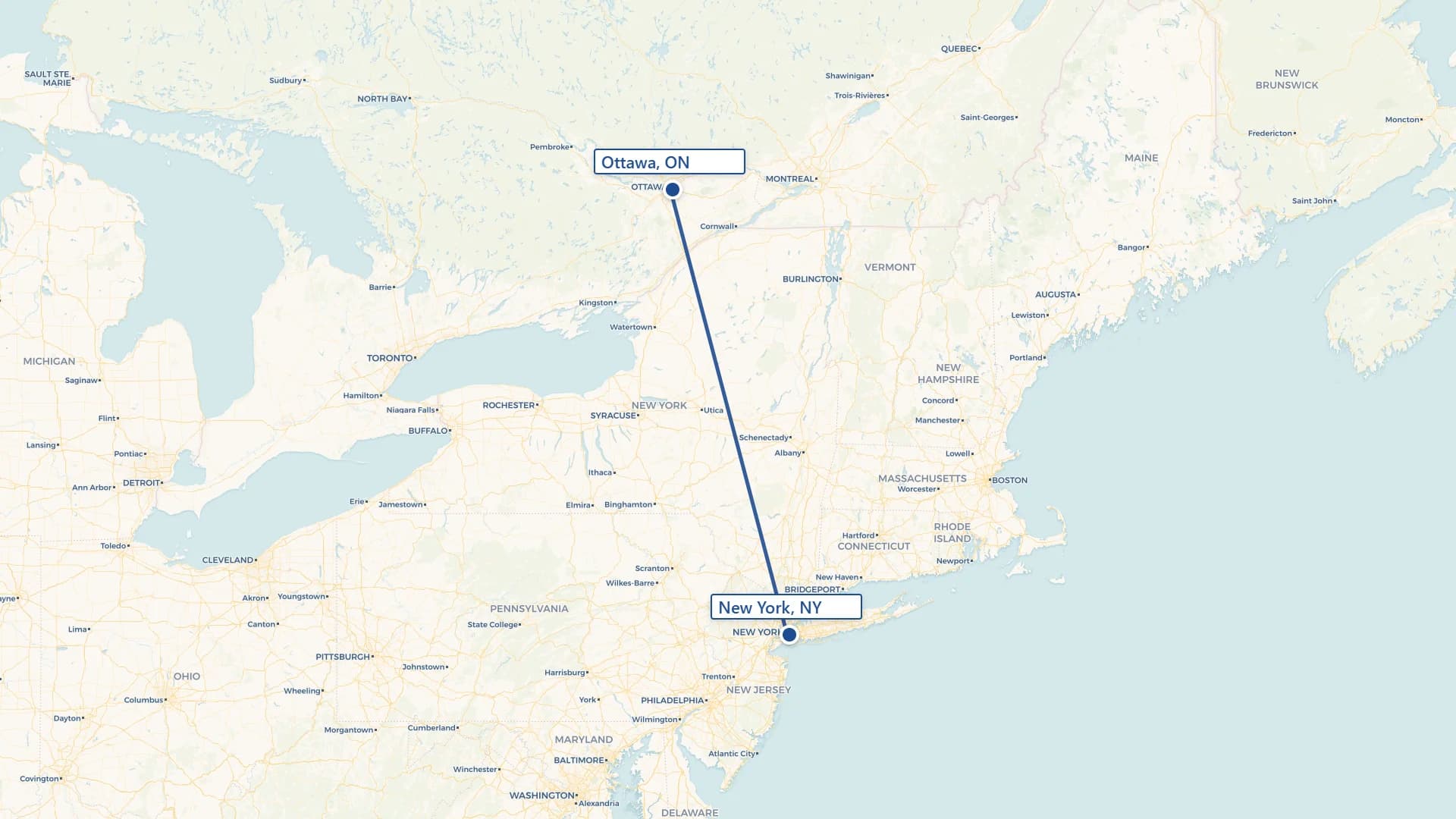 Map showing Ottawa to New York cross-border shipping route