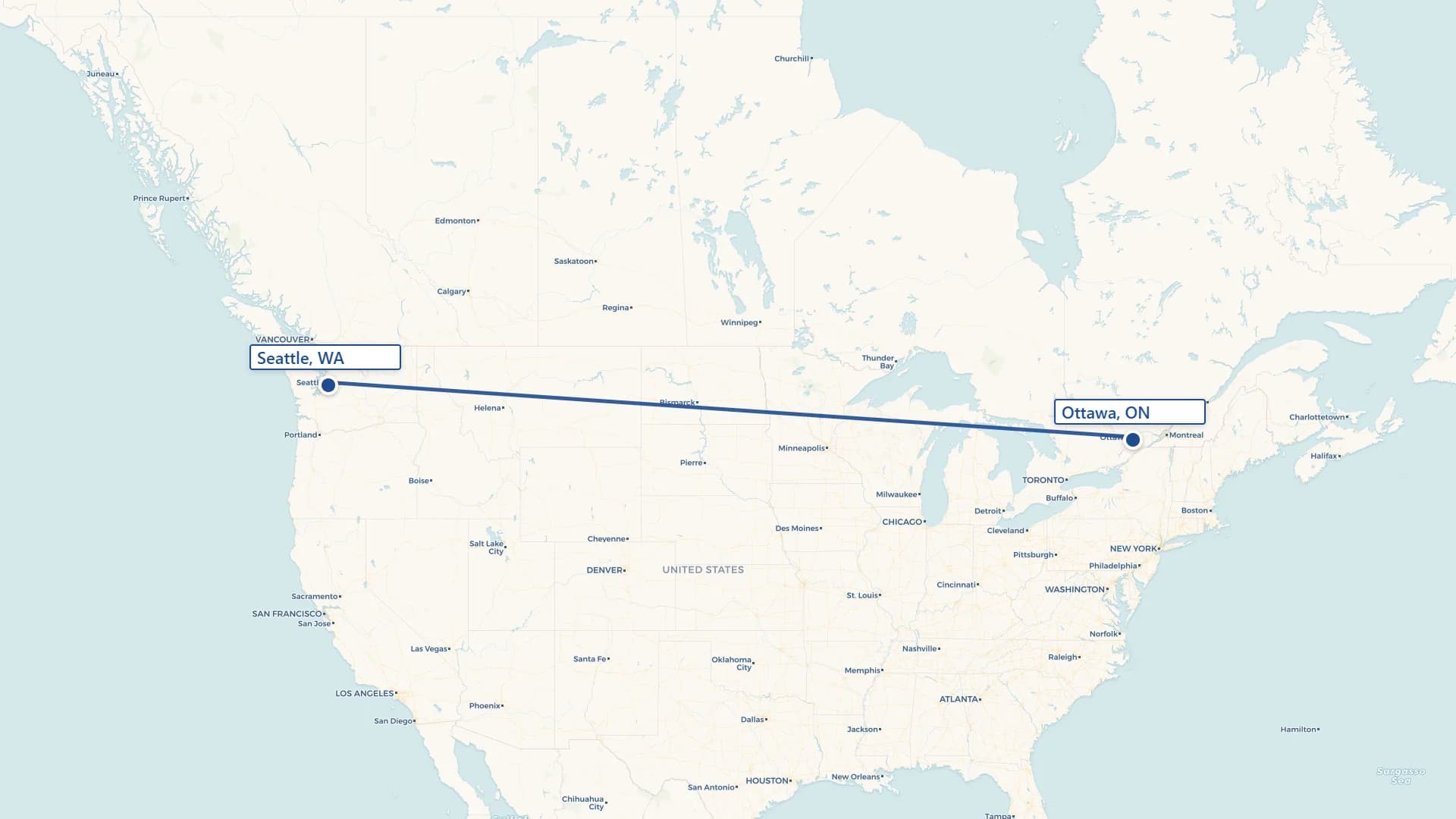 Map showing Ottawa to Seattle cross-border shipping route