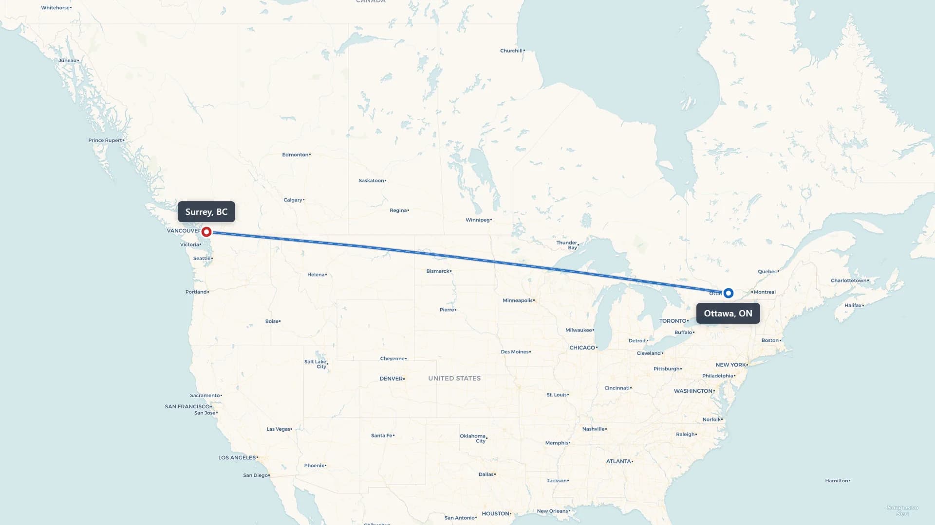 Route map showing car shipping from Ottawa to Surrey