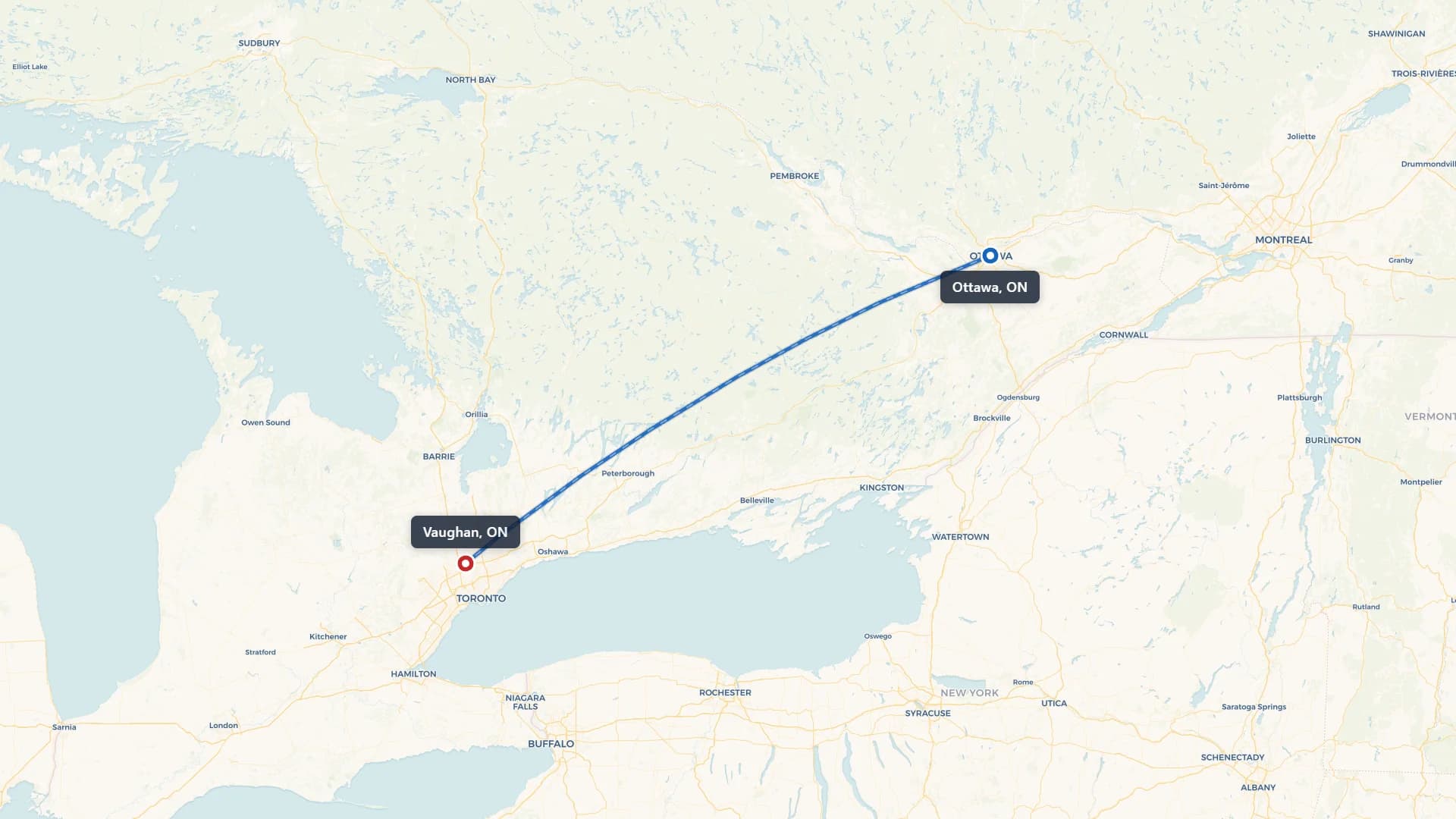 Route map showing car shipping from Ottawa to Vaughan