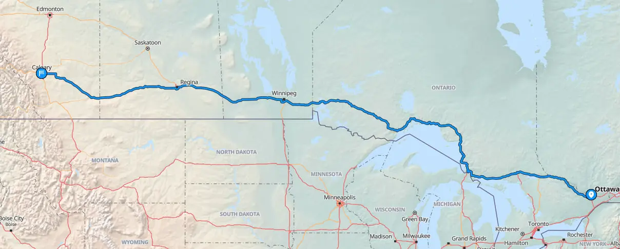Map showing route from Ottawa to Calgary