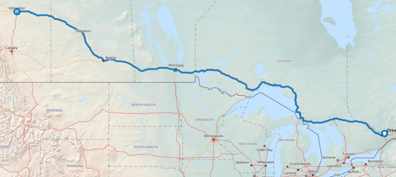 Route map showing Ottawa to Edmonton