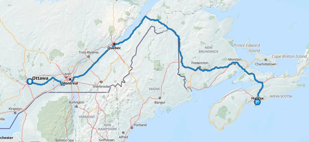 Map from Ottawa to Halifax