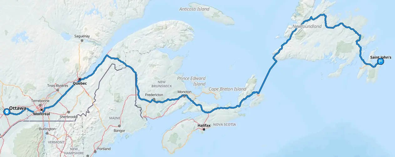 Map showing route from Ottawa to St. Johns