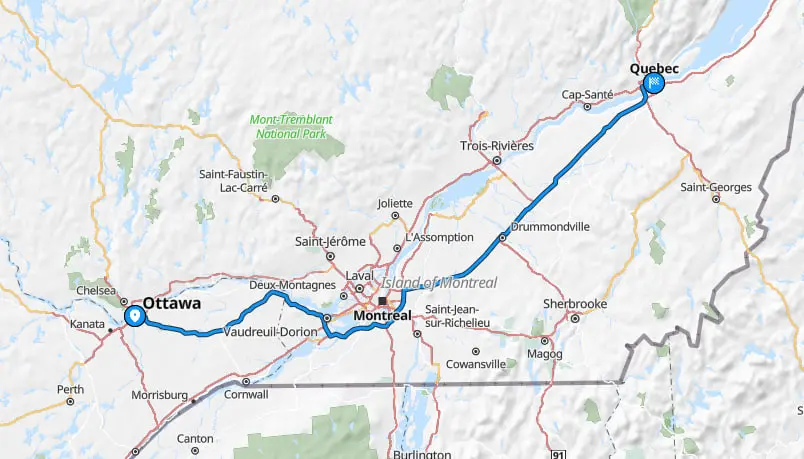 Map from Ottawa to Quebec City