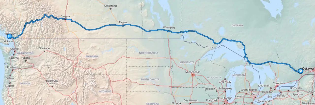 Route map from Ottawa to Vancouver