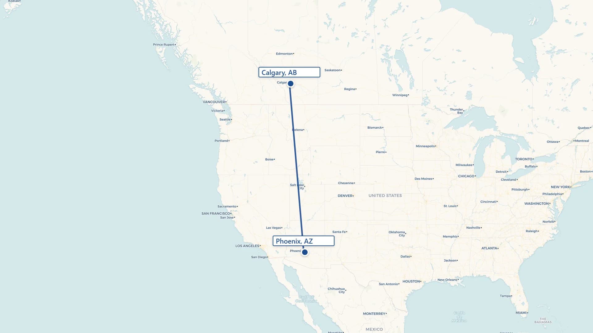 Map showing Phoenix to Calgary cross-border shipping route