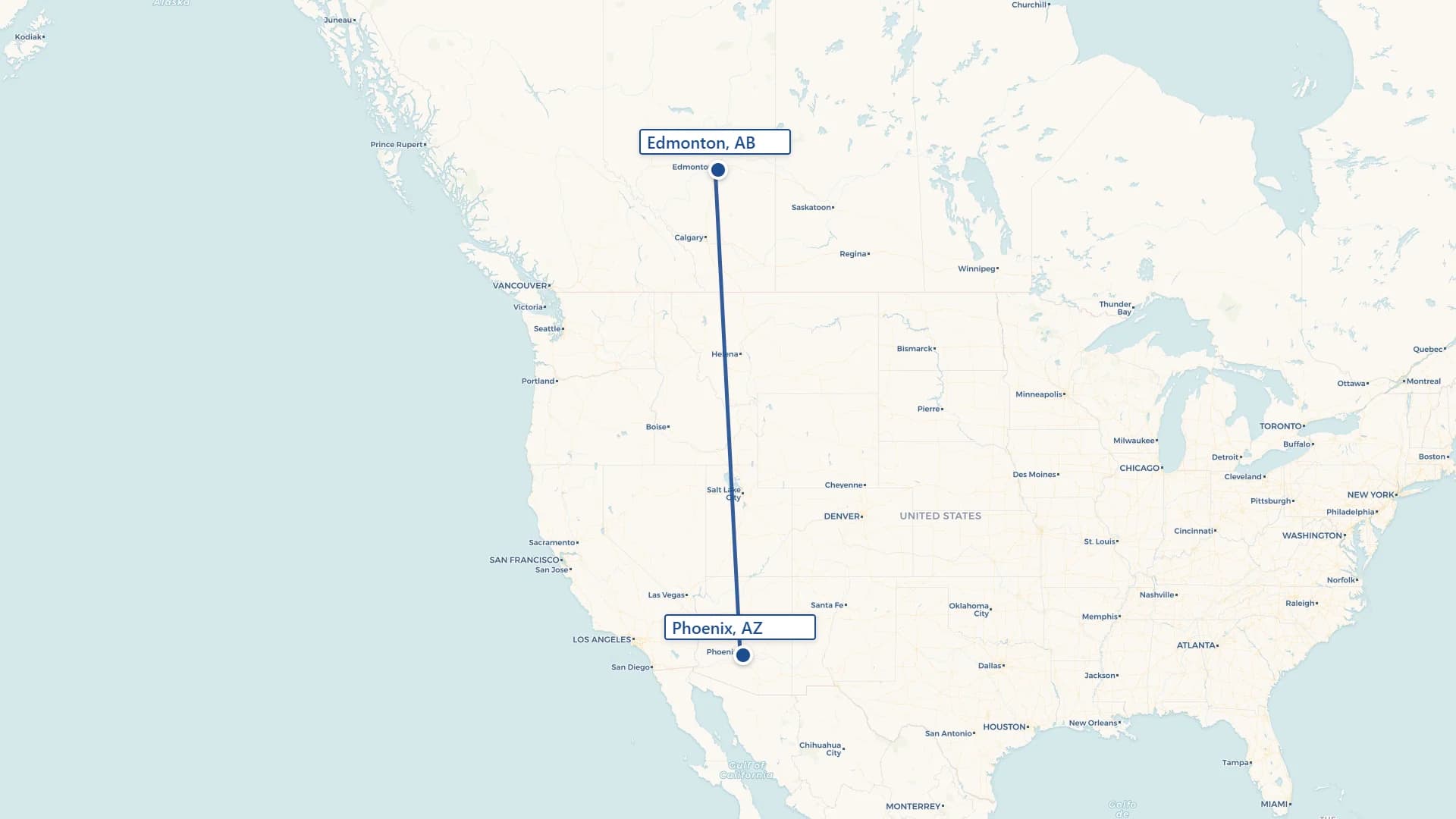 Map showing Phoenix to Edmonton cross-border shipping route