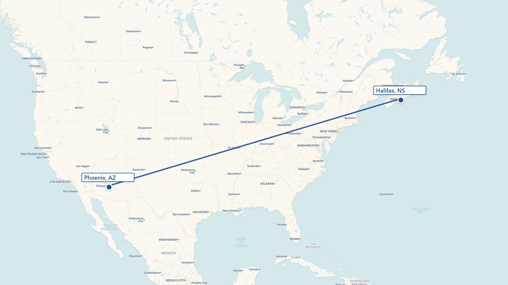 Map showing Phoenix to Halifax cross-border shipping route