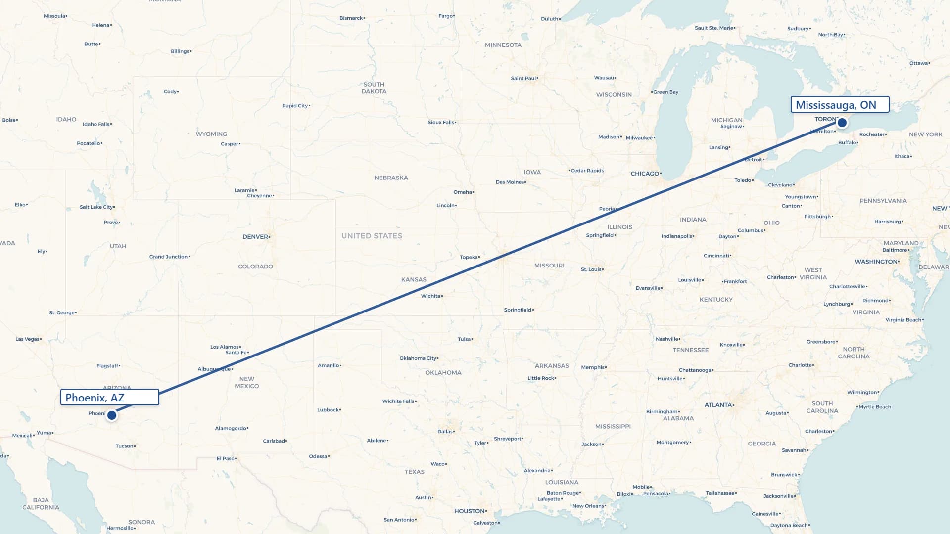 Map showing Phoenix to Mississauga cross-border shipping route