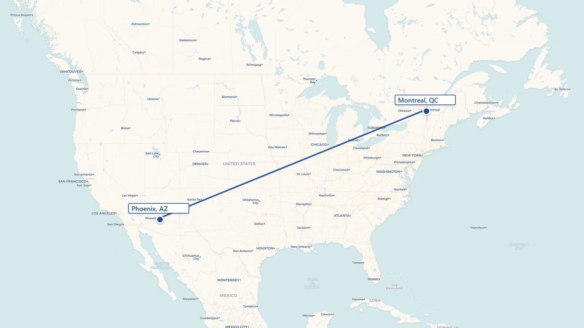 Map showing Phoenix to Montreal cross-border shipping route