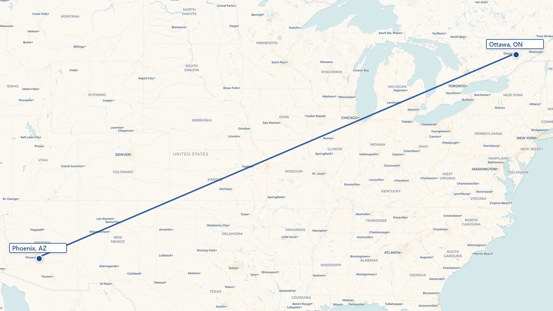 Map showing Phoenix to Ottawa cross-border shipping route