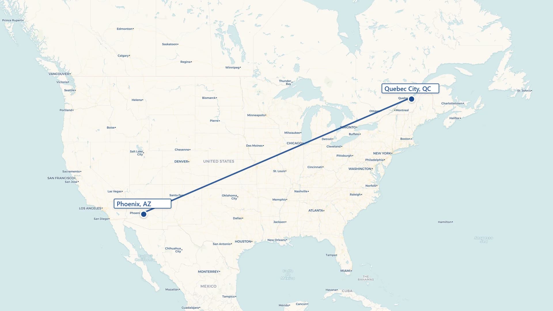 Map showing Phoenix to Quebec City cross-border shipping route
