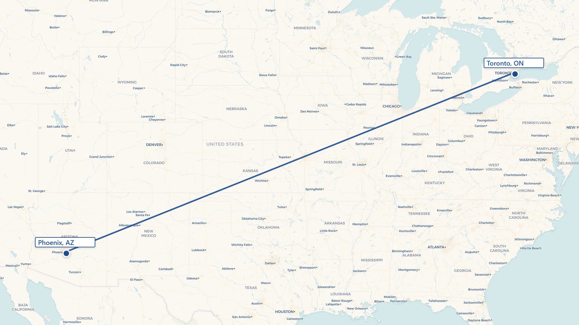 Map showing Phoenix to Toronto cross-border shipping route