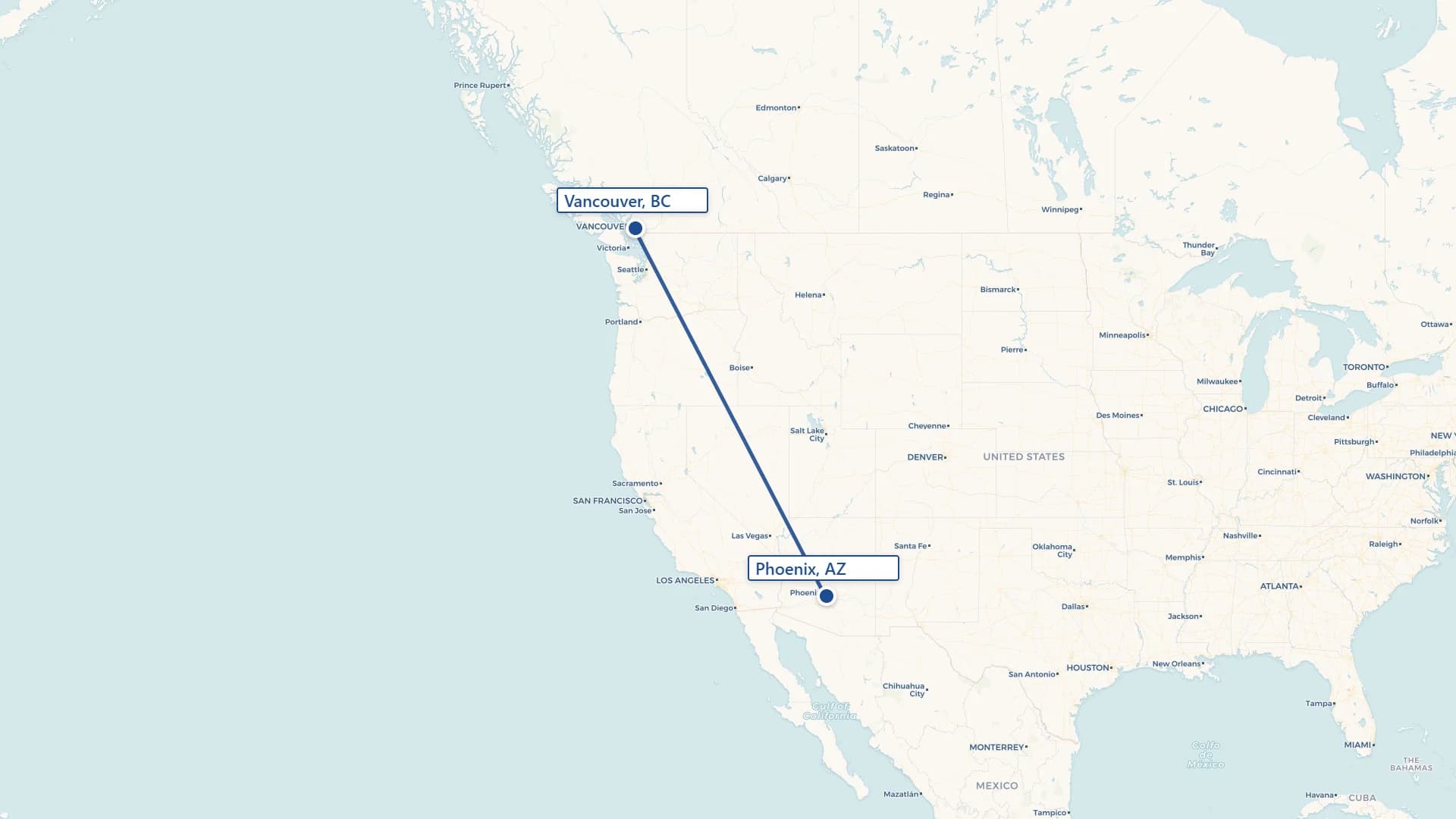 Map showing Phoenix to Vancouver cross-border shipping route