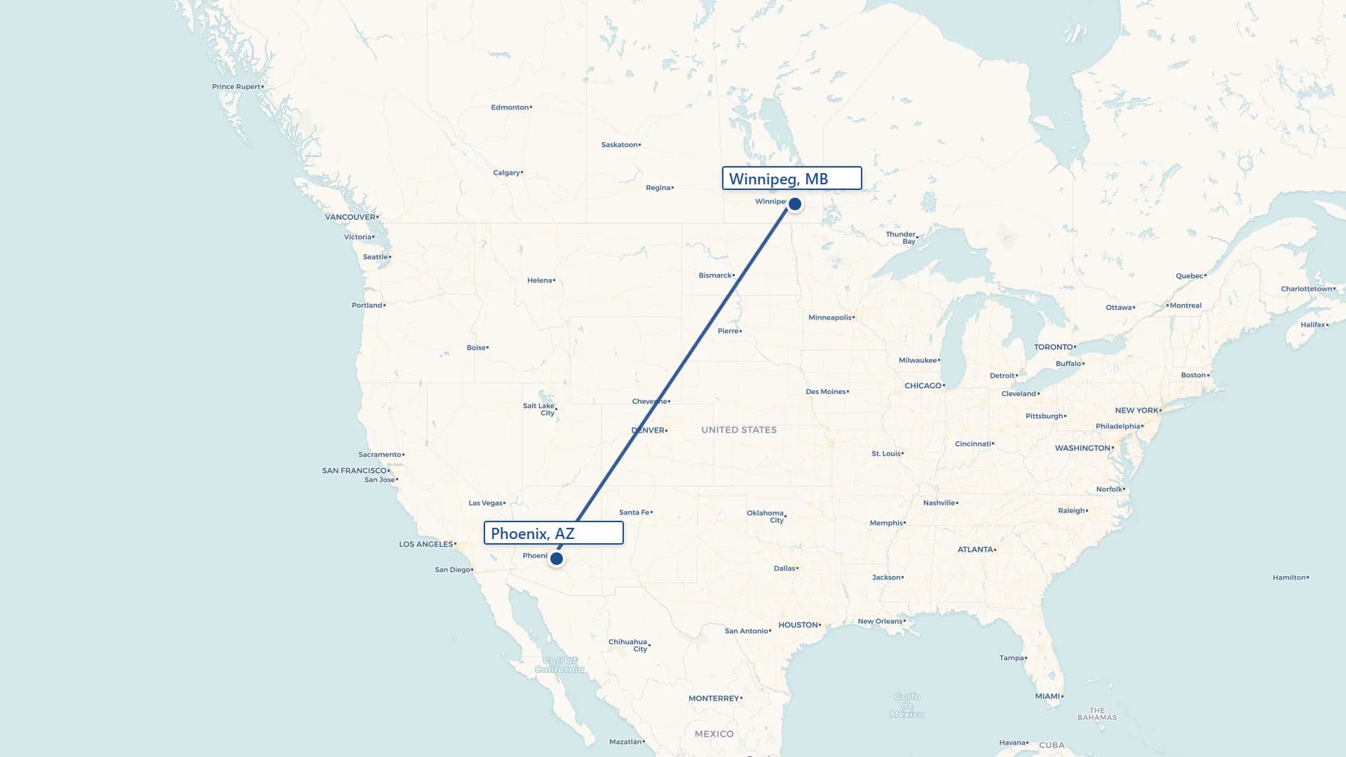 Map showing Phoenix to Winnipeg cross-border shipping route