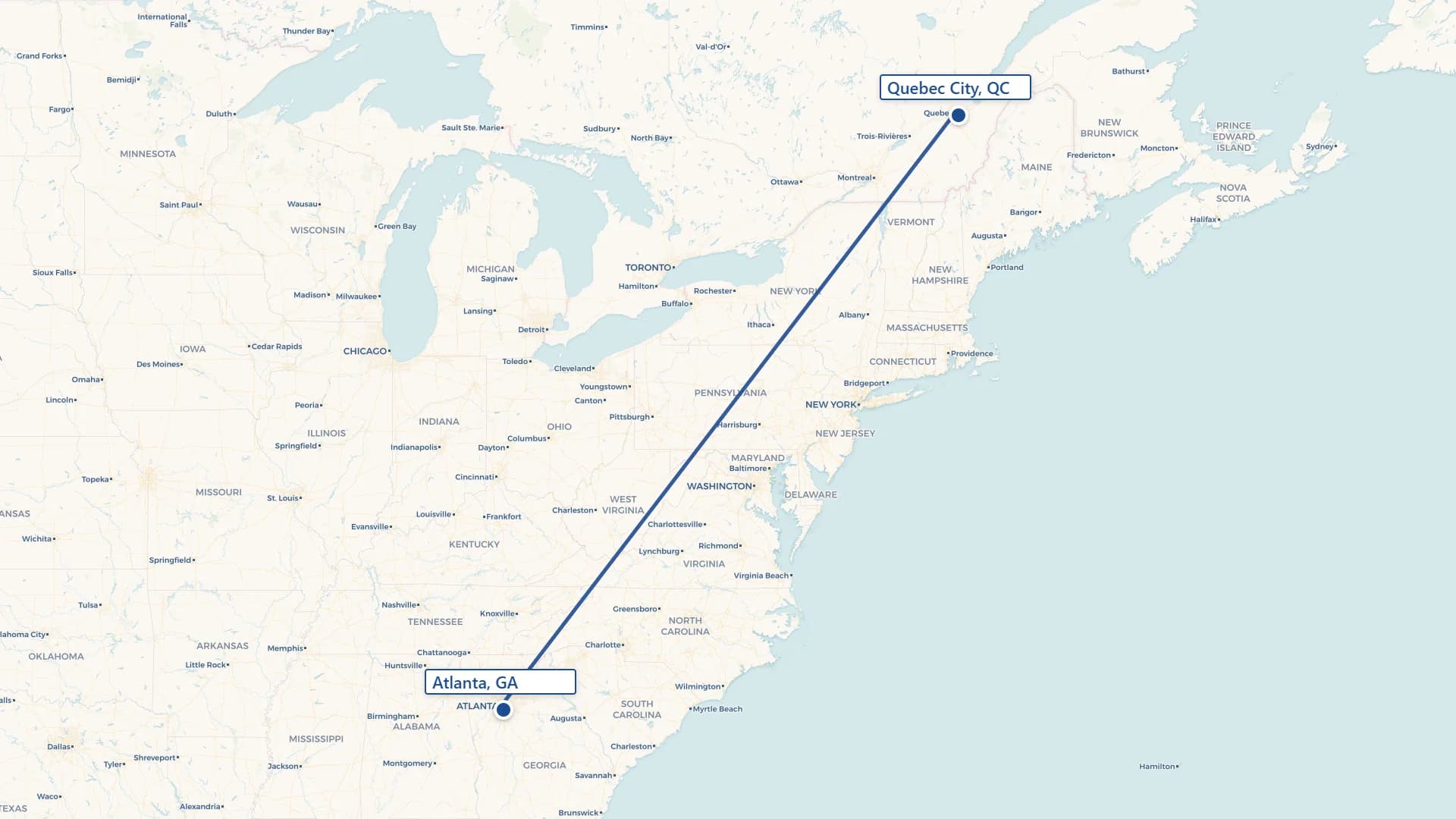 Map showing Quebec City to Atlanta cross-border shipping route