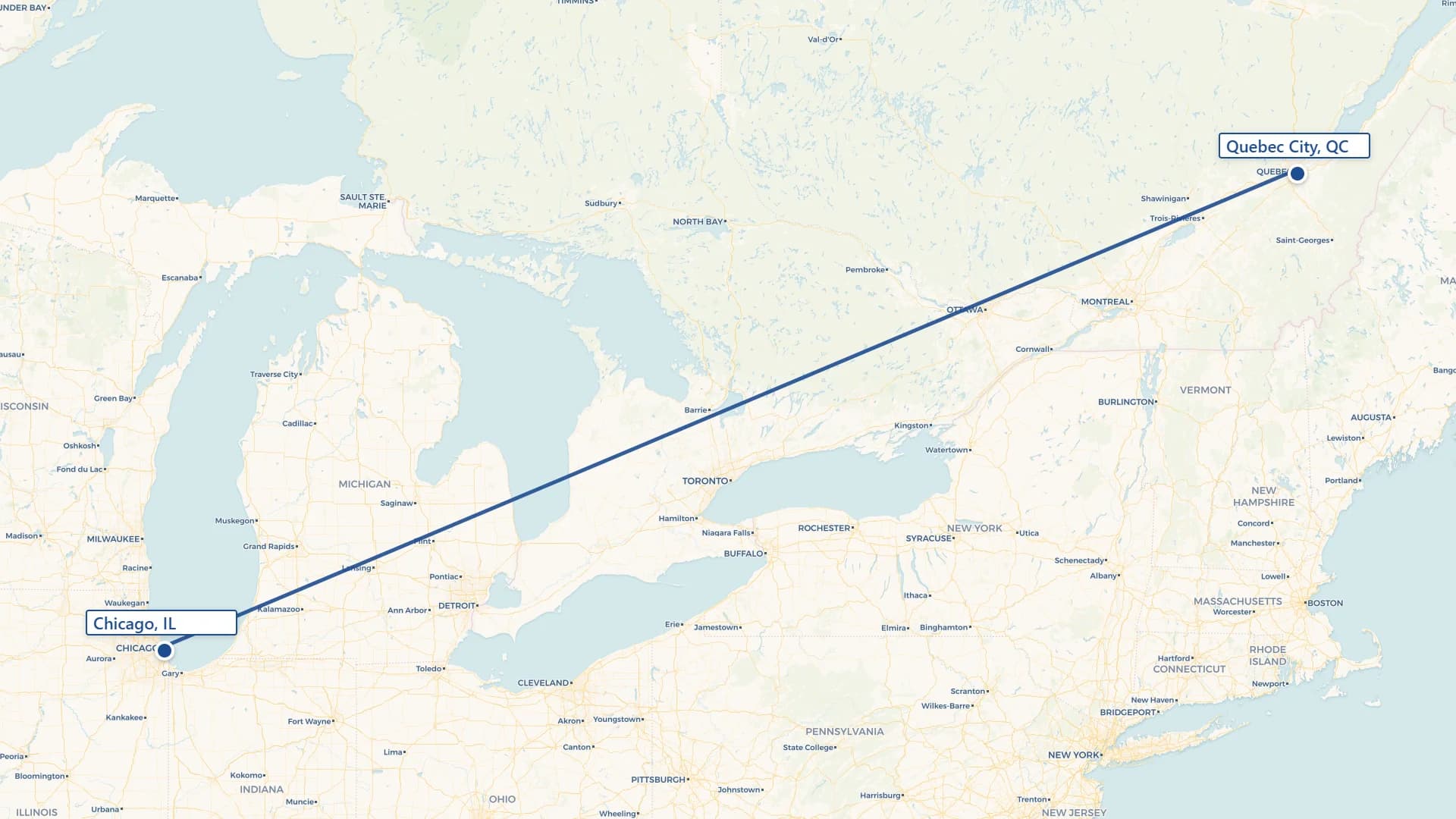 Map showing Quebec City to Chicago cross-border shipping route