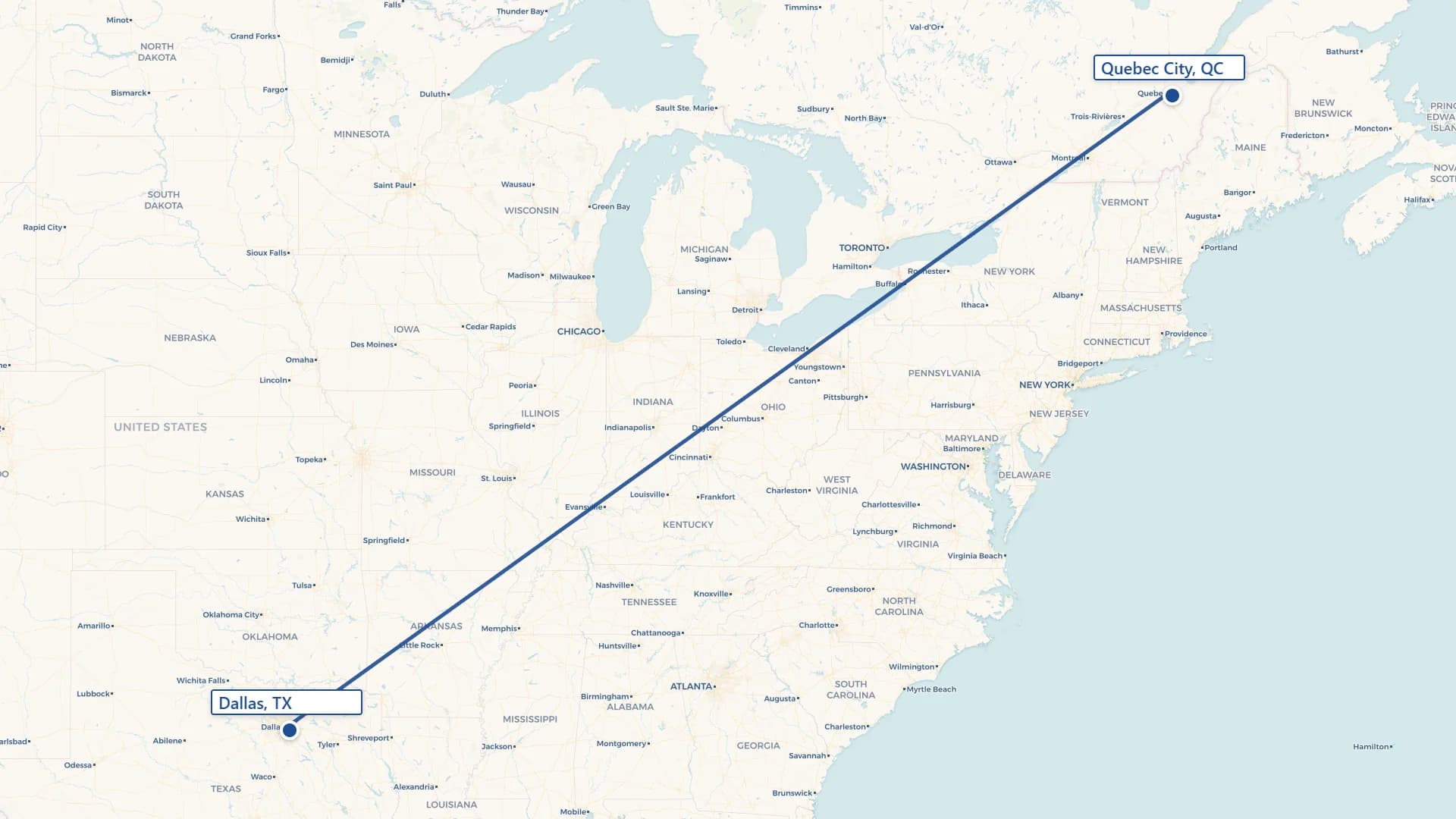 Map showing Quebec City to Dallas cross-border shipping route