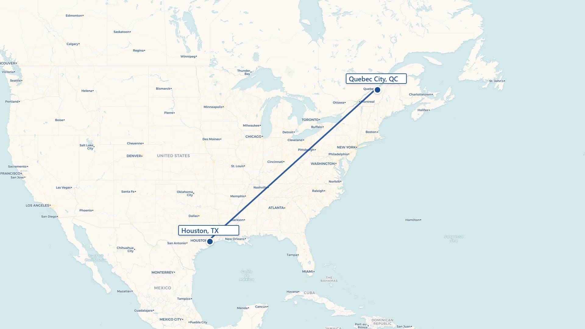 Map showing Quebec City to Houston cross-border shipping route