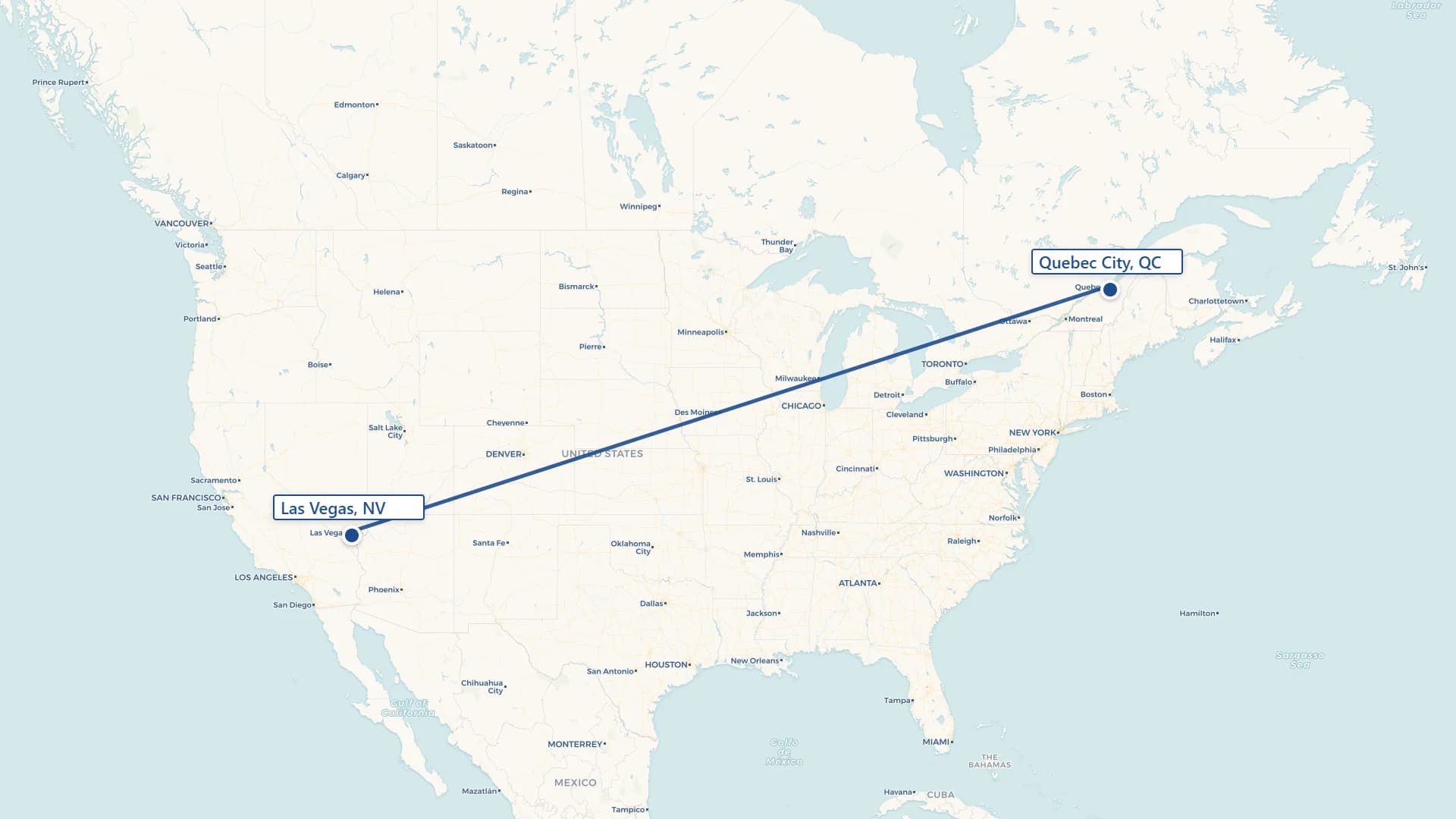 Map showing Quebec City to Las Vegas cross-border shipping route