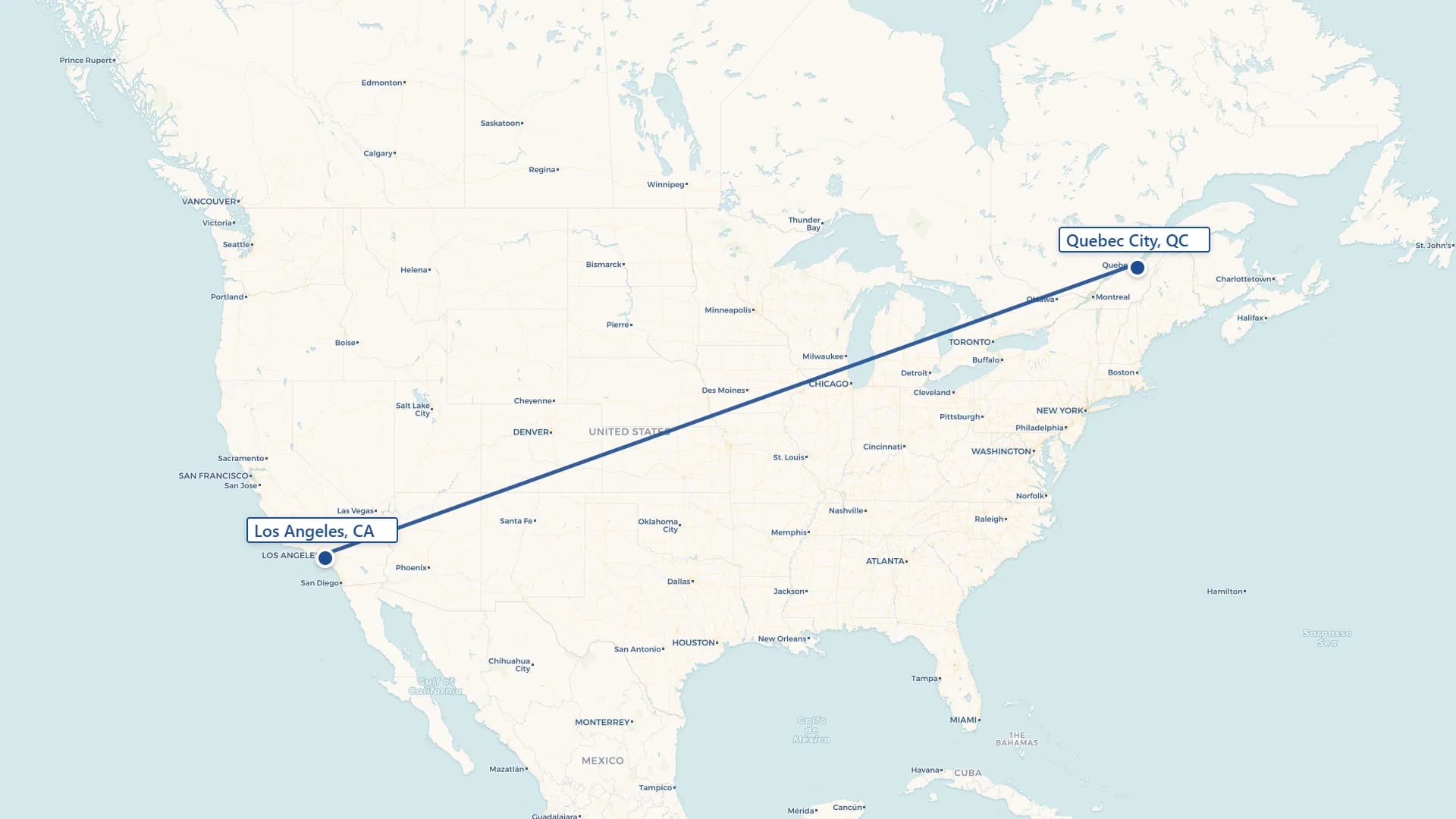 Map showing Quebec City to Los Angeles cross-border shipping route