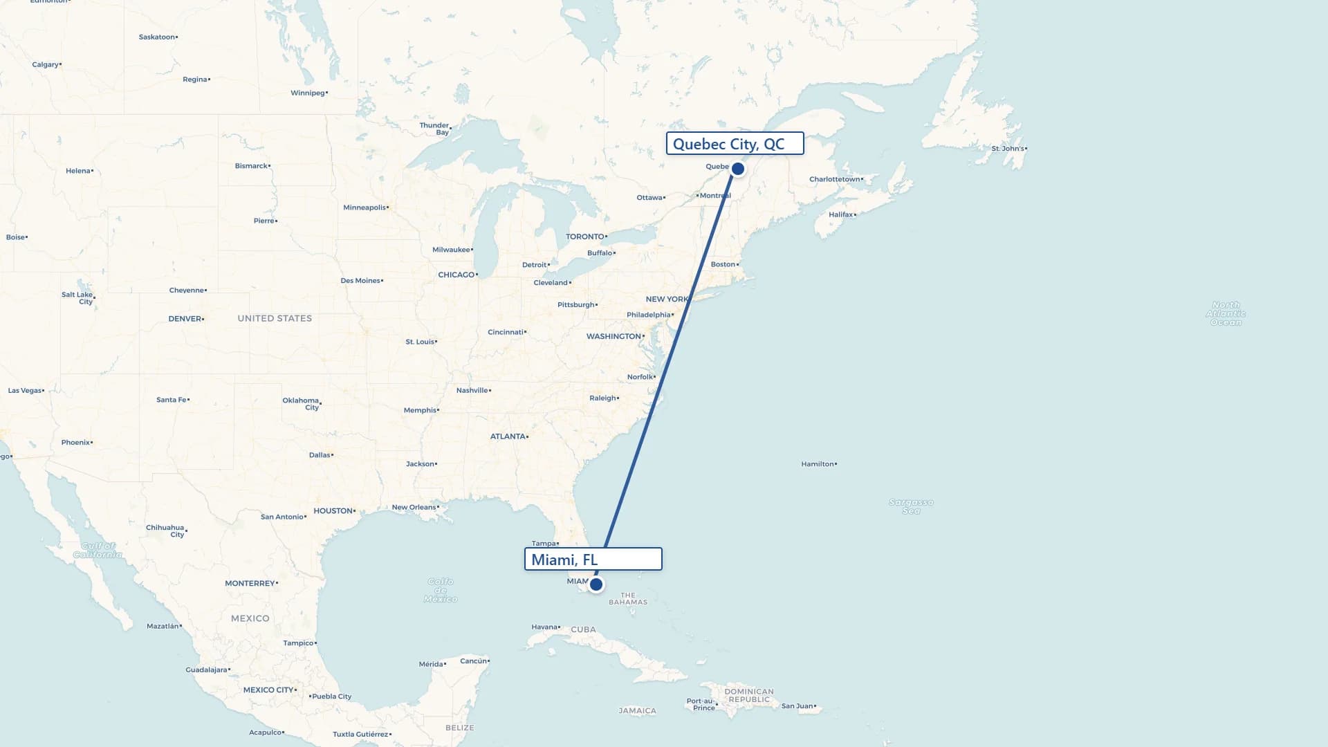 Map showing Quebec City to Miami cross-border shipping route