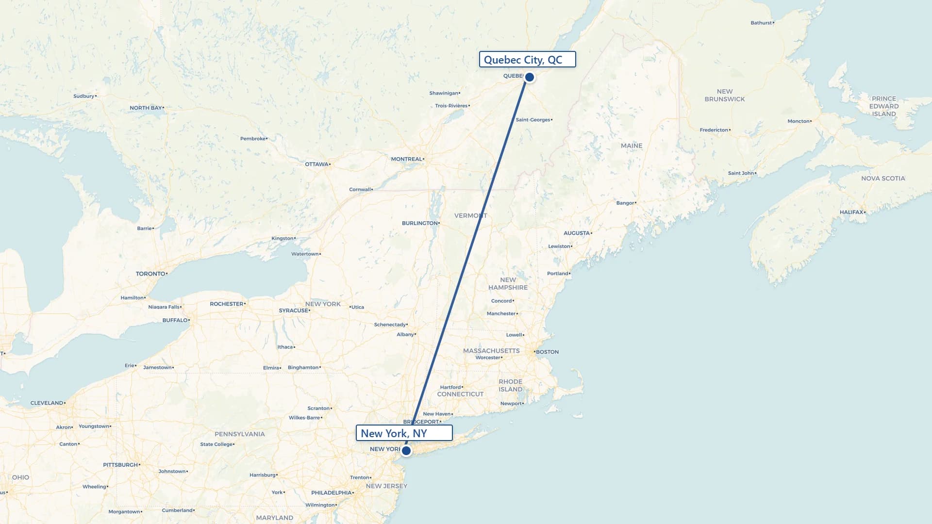 Map showing Quebec City to New York cross-border shipping route