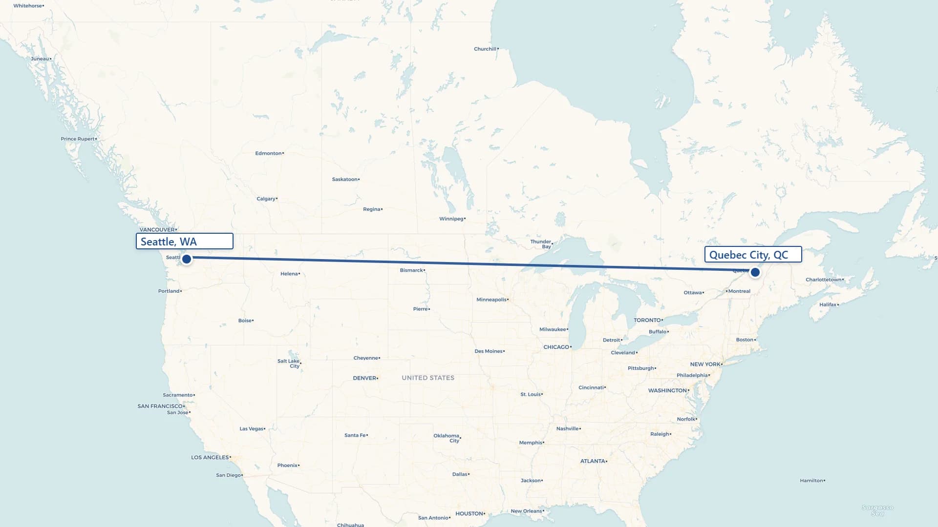 Map showing Quebec City to Seattle cross-border shipping route