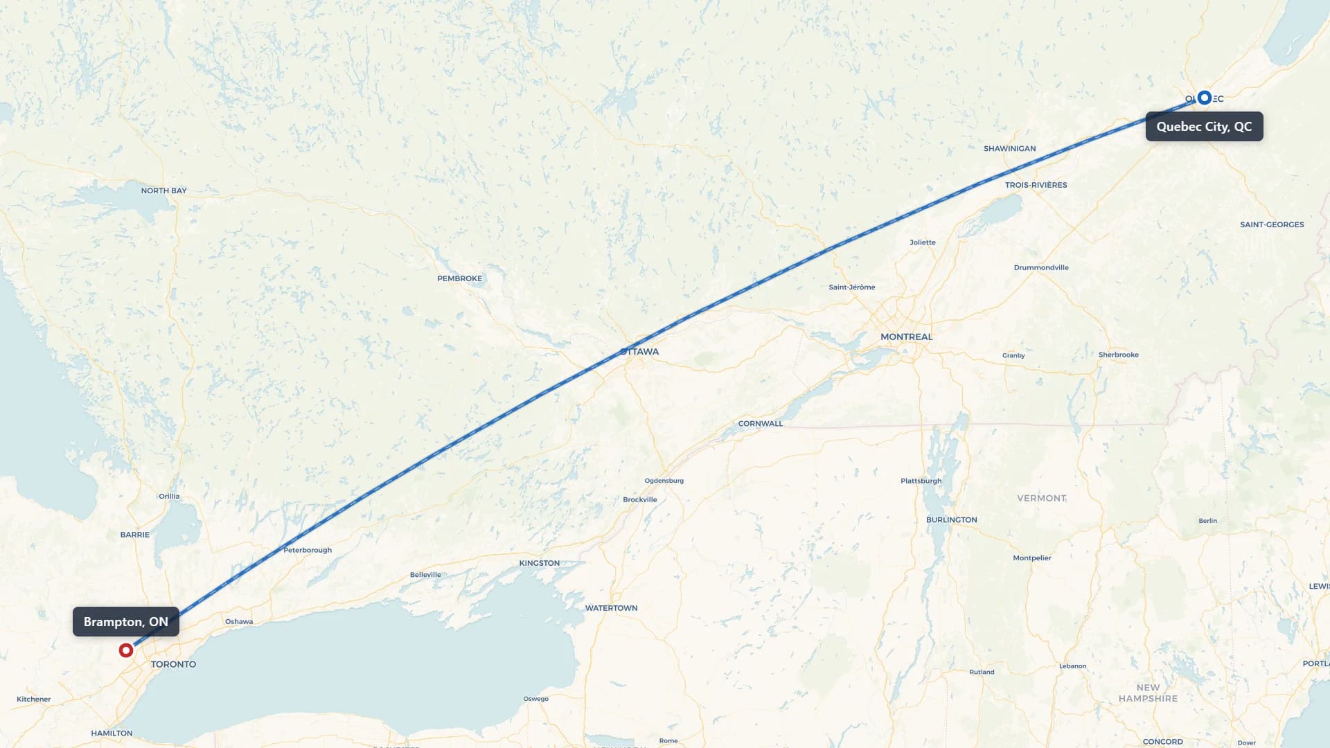 Route map showing car shipping from Quebec City to Brampton
