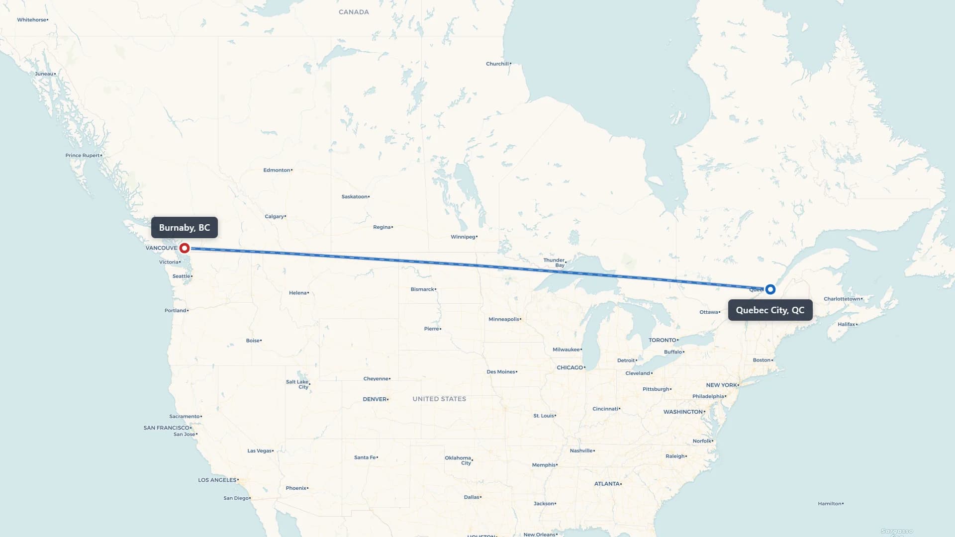 Route map showing car shipping from Quebec City to Burnaby