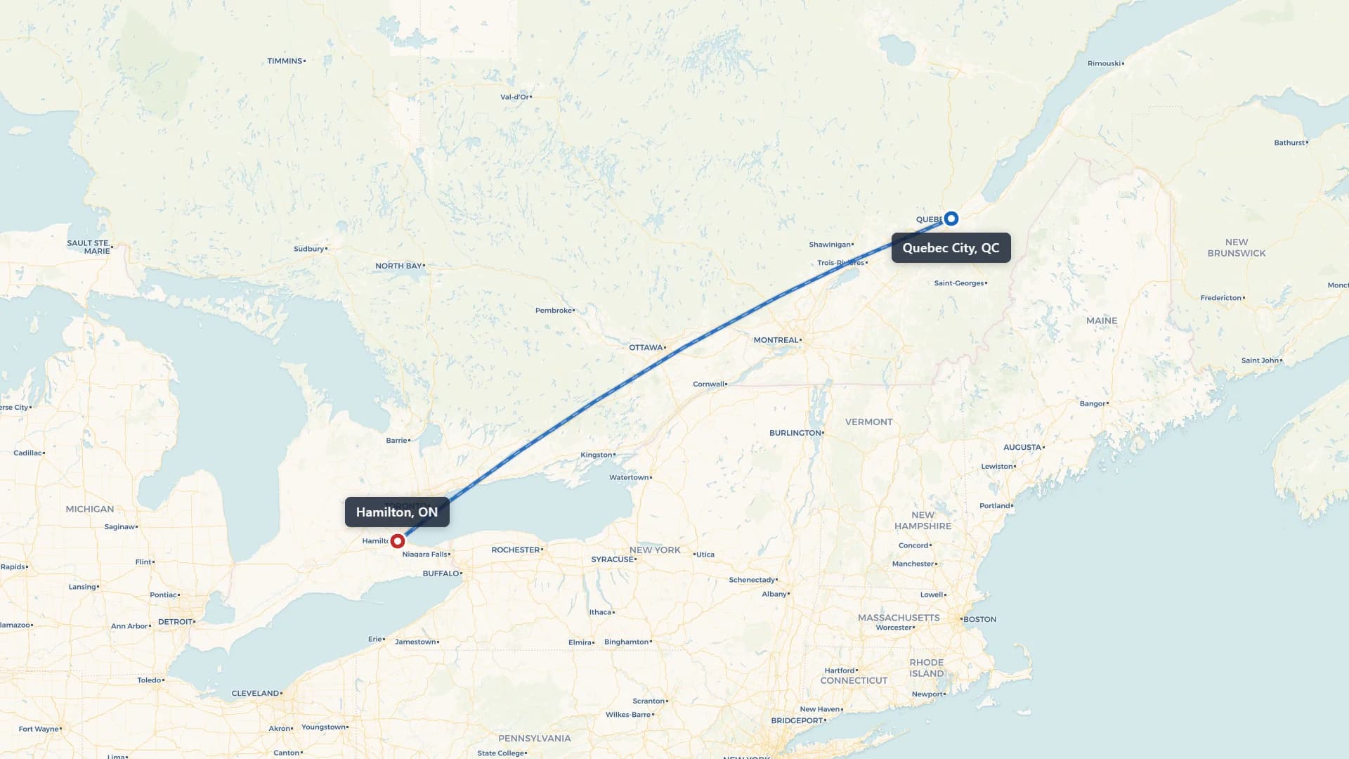 Route map showing car shipping from Quebec City to Hamilton