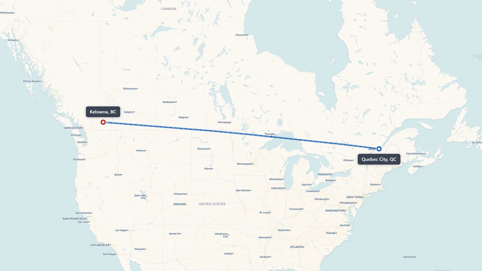 Route map showing car shipping from Quebec City to Kelowna