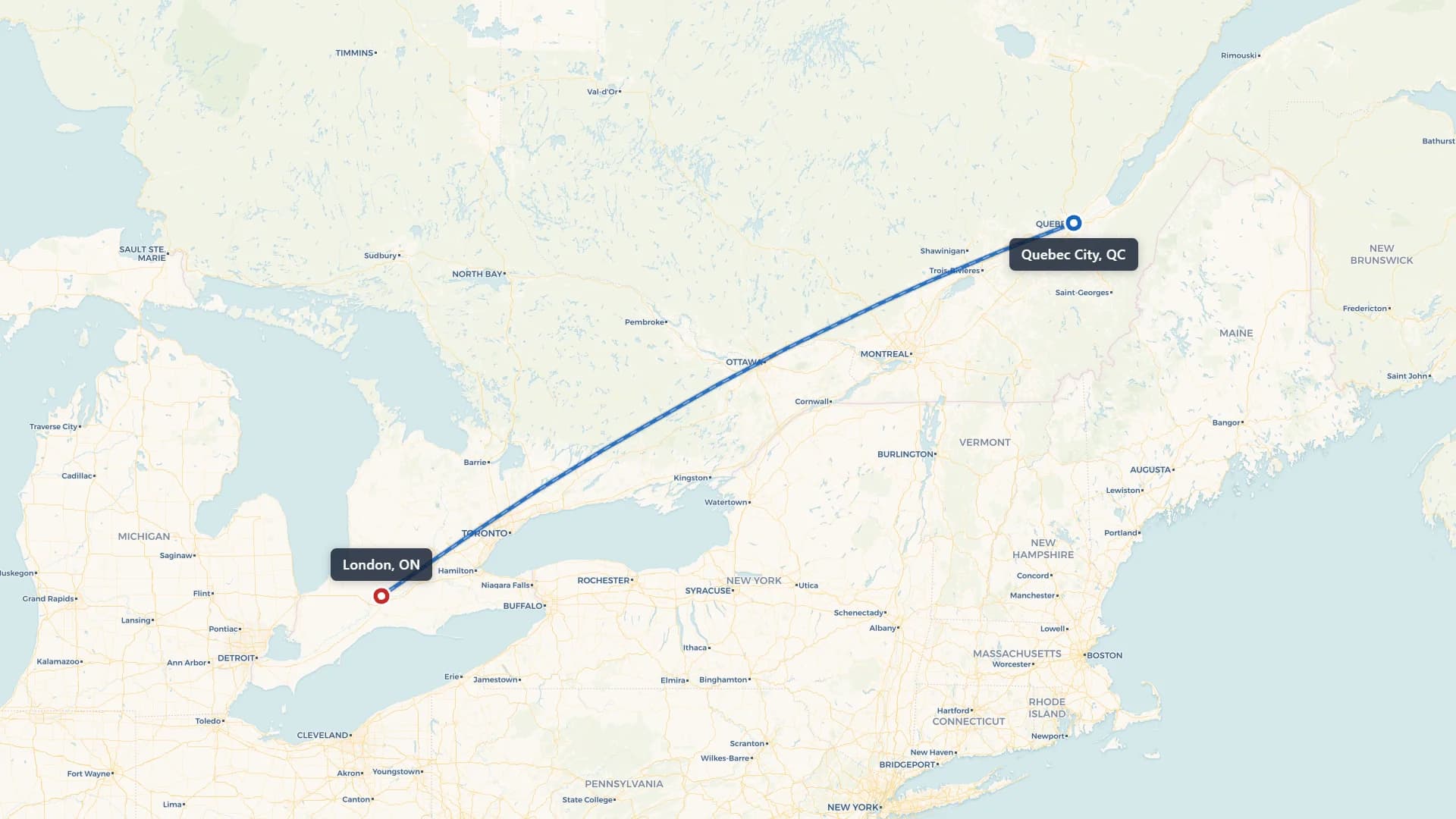 Route map showing car shipping from Quebec City to London