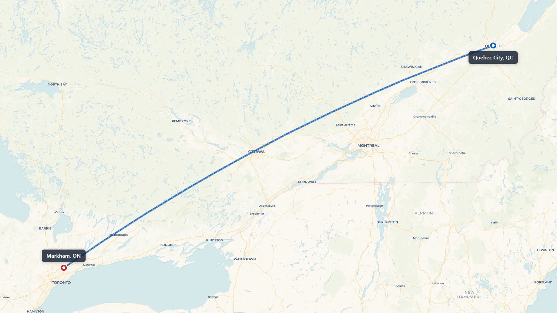 Route map showing car shipping from Quebec City to Markham