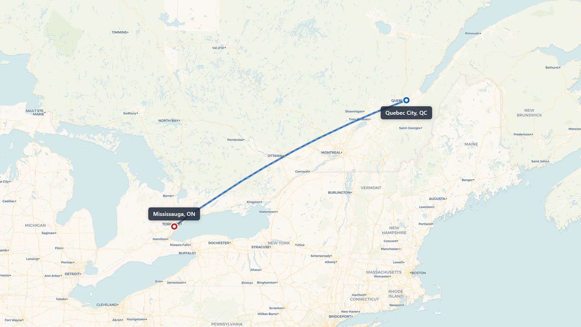 Route map showing car shipping from Quebec City to Mississauga