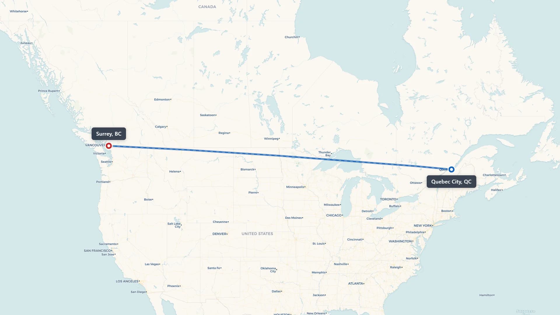 Route map showing car shipping from Quebec City to Surrey