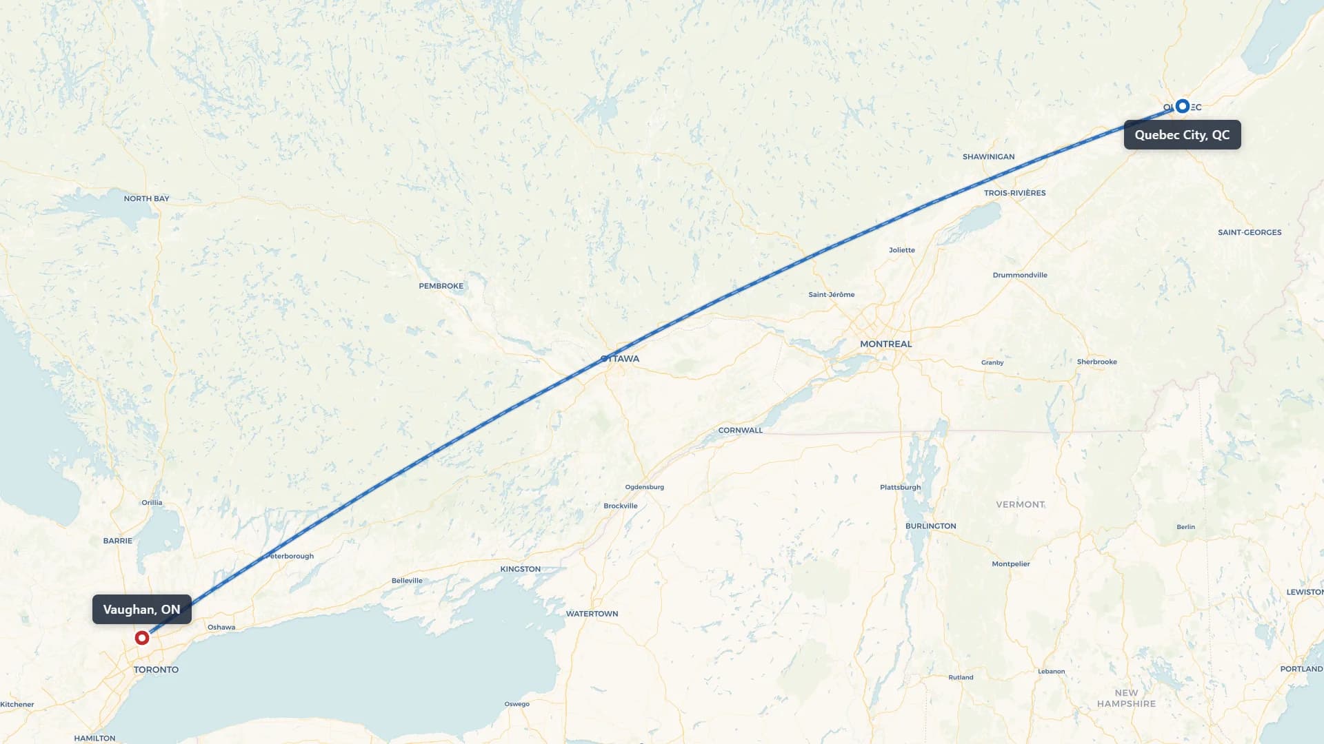 Route map showing car shipping from Quebec City to Vaughan