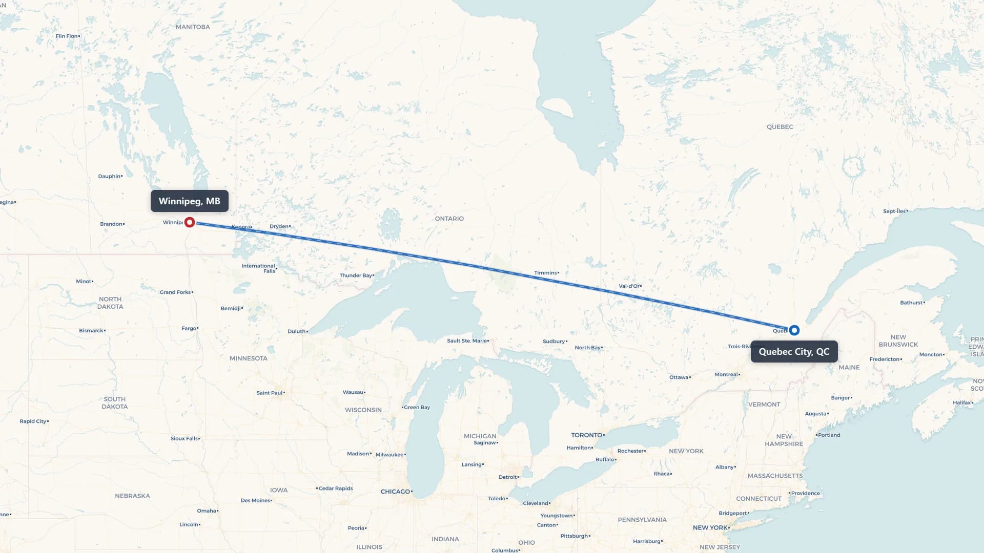 Route map showing car shipping from Quebec City to Winnipeg