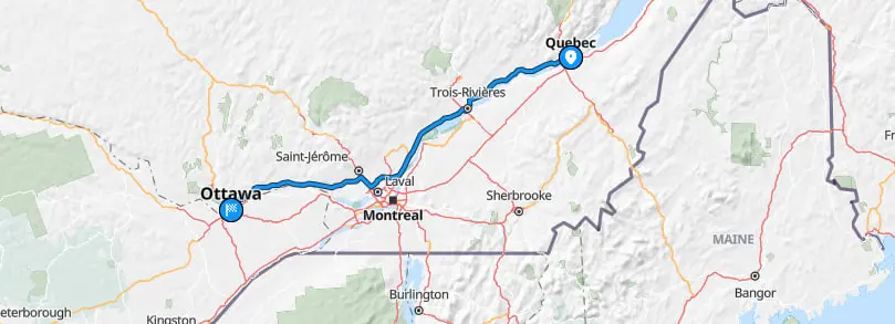 Map showing Quebec to Ottawa shipping route